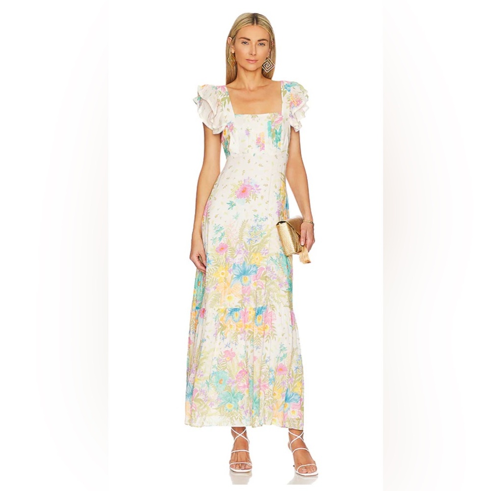 Spell White Floral Maxi Dress with Pastel Pink, Blue & Yellow
